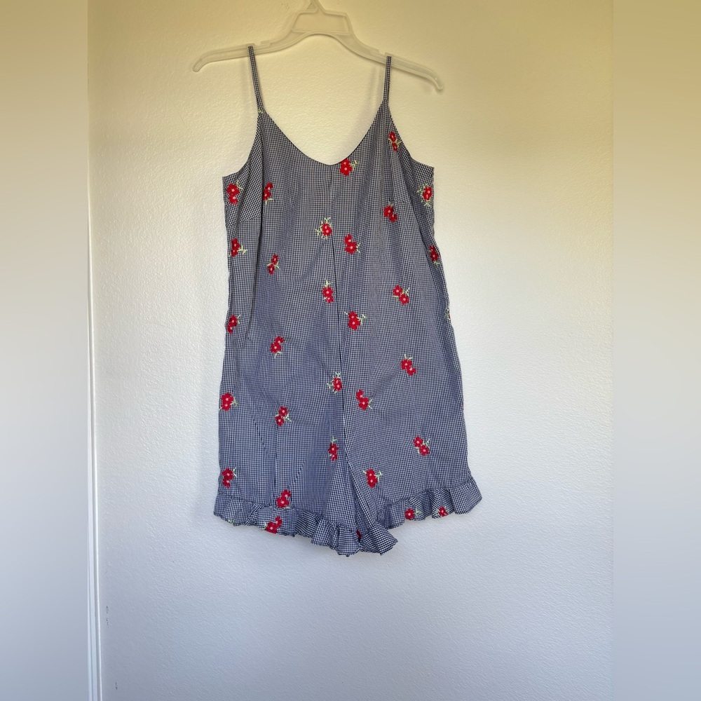 Chelsea & Violet Black-and-White Gingham romper with Red Floral Accents - Picture 3 of 15